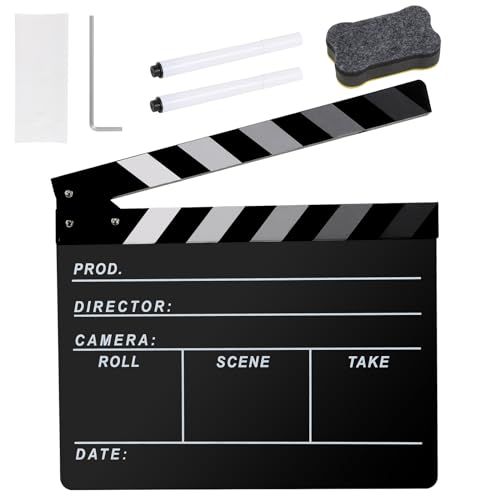 Ribvane Film Directors Clapboard, Move Slate Photography Video TV Cut Action Scene Acrylic Clapper Board Props with a Magnetic Blackboard Eraser, Two Custom Pens, Cleaning Cloth and Hex Wrench (Black)