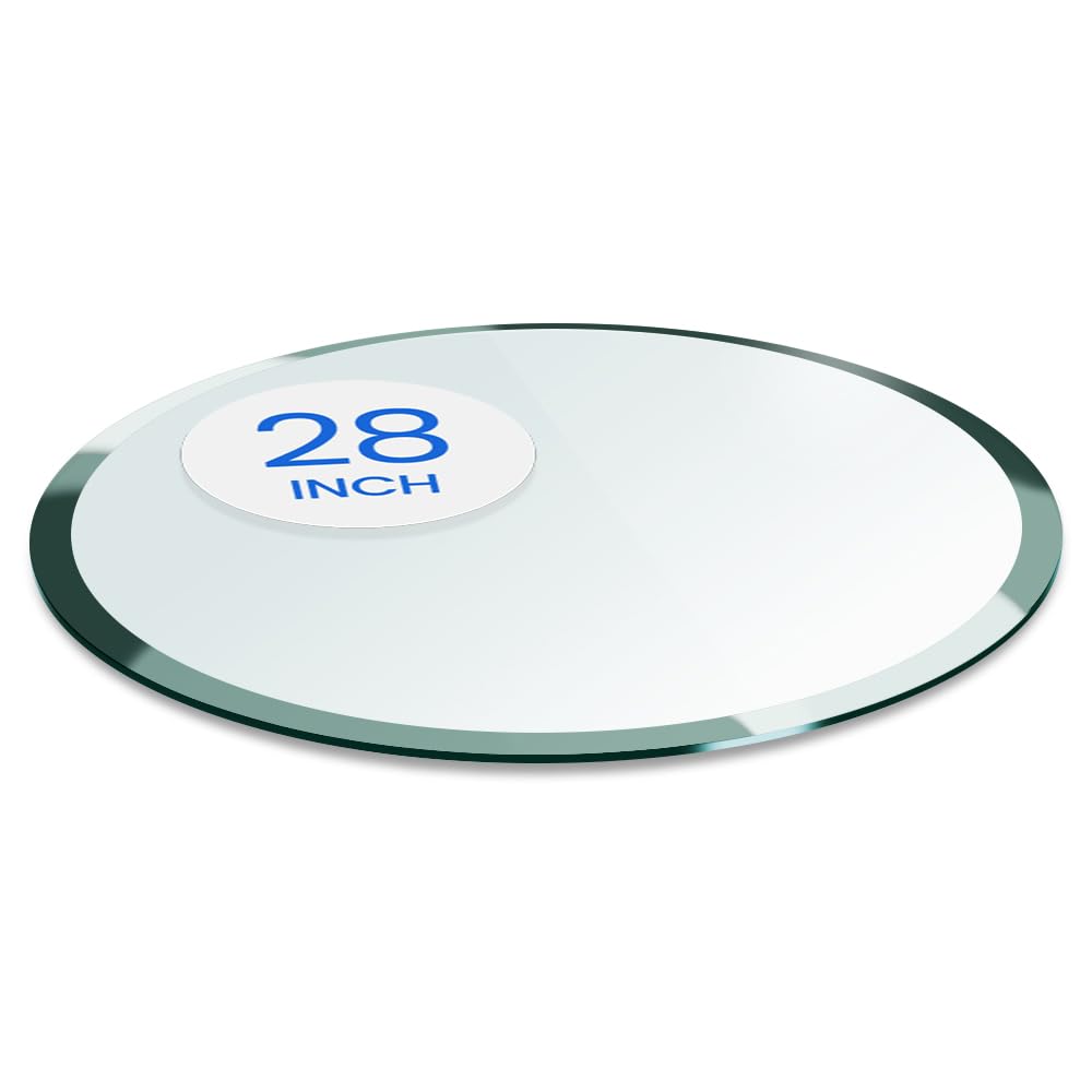 Dulles Glass 28 inch Round Glass Table Top - Tempered - 1/2" Thick Glass Surface, Safe Beveled Edge, Multipurpose for Dining Table, Patio, Coffee and End Table