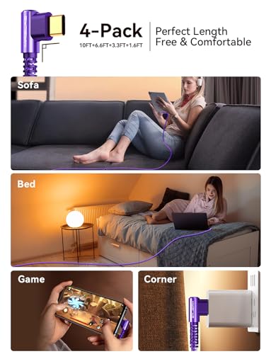 Image of MRGLAS 3.2A USB C Charger Cable, [4-Pack,10+6.6+3.3+1.6FT] USB A to USB C Right Angle Gold-Plated Type C Charger Fast Charge Durable Braided Cord for iPhone 17 16 15 Samsung S10 Note 10 S21 LG-Purple