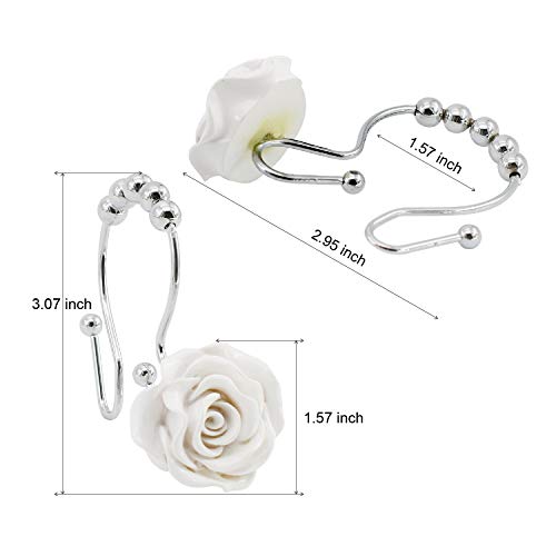 Beavo Rose Shower Curtain Hooks,12 Pcs Double Glide Shower Curtain Rings Stainless Steel Rustproof Decorative Shower Hook Ring With Resin Rose Flower For Bathroom Shower Rods (White) #TOP2