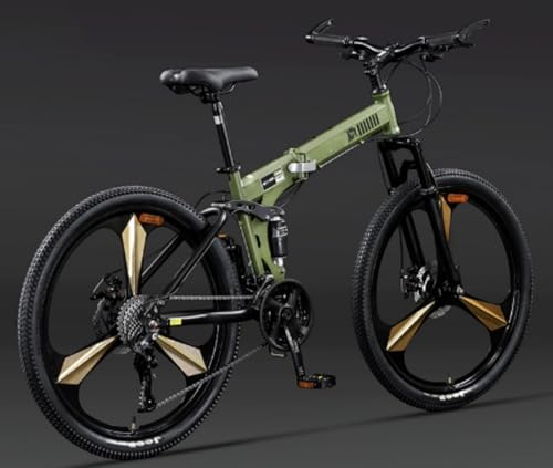 Dazzix新登場24/26インチ ソフトテール 折り畳みマウンテンバイク 男女 大人 青少年 学生 変速 ダブルディスクブレーキ オフロード ダブルサスペンション レースバイク (26インチ/24速,グリーン/一体型ホイール)