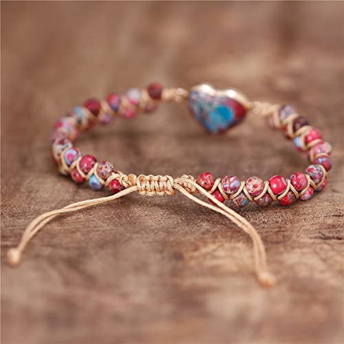 The Mujen Handmade Bracelets| Heart Charm Beads Bracelets | Healing Natural Stone Energy Gemstone Boho Braided Strand (Red Brown Jasper) 10 Inches #TOP3