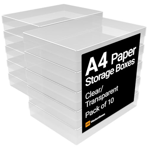 WestonBoxes A4 Transparent Plastic Craft Storage Boxes with Lids for Art Supplies, Paper and Card - 3.6 Litre Volume (Pack of 10)