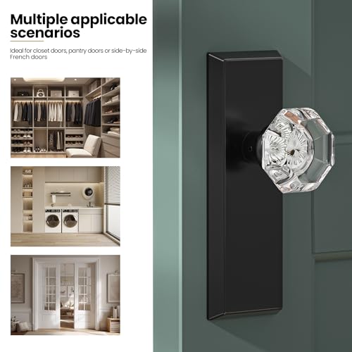 Image of Antique Crystal Dummy Door Knobs Interior, 2 Pack, Matte Black | Zinc Alloy & Crystal Glass Knob, Non-Turning Single Side Vintage Classic Door Knob for Bifold Hallway Interior Doors
