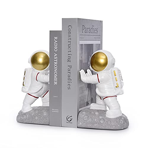 Kakizzy Decorative Bookends, Astronaut Book Ends Resin Bookends for Kids 1 Pair Nonskid Space-Themed Art Bookend White Creative Book end for Office and Home Decoration(Astronaut D-Gold) Cover