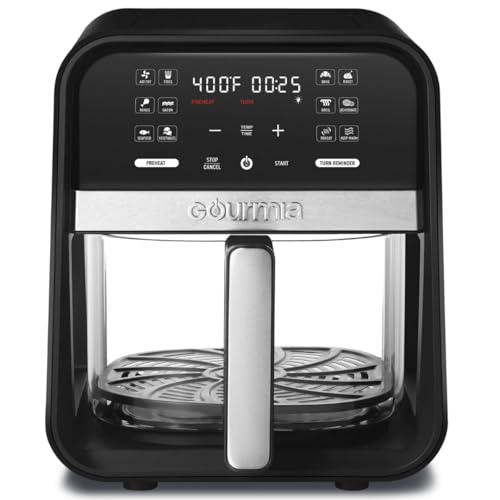 Gourmias 7 Qt Digital Air Fryer with Glass Basket – 1500 W FryForce 360° Technology, 12 One-Touch Cooking Presets, Touch Control & Guided Prompts