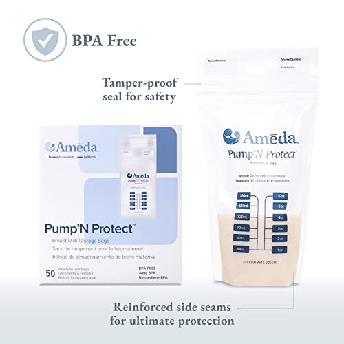 Ameda Bolsa de armazenamento de leite materno Pump'N Protect 170 g, 50 peças, itens essenciais para