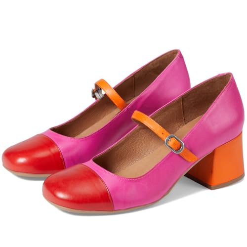 SHODENSE Women Rainbow Pumps Low Chunky Heel Mary Jane Shoes Square Cap Toe Ankle Strap Dress Pumps Two-Toned Mid Block Heel Mary Janes Lolita Shoes Multicolor Patchwork Office Wedding Party 4-11 M US