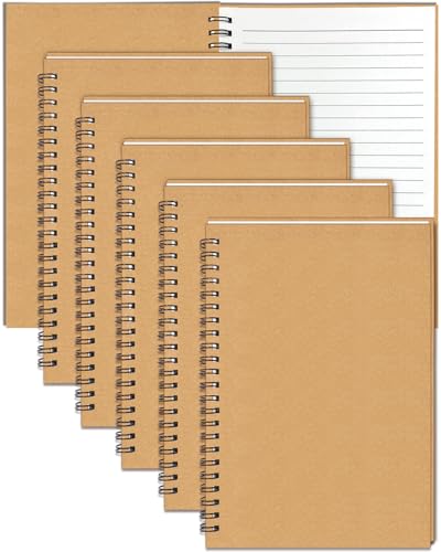 GINMLYDA 6 Pack Spiral Notebook A5, 21x14.5cm 120 Lined Pages Plain Brown Kraft Cover Ruled Notebook for School Project Home Writing Spiral Bound Notepads Multipack for Women Teenage Colleague Gifts