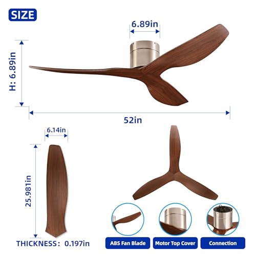 BUENION 52-Inch Ceiling Fan Without Light, Modern Low-Profile Flush Mount Fan with Remote, 6-Speed Reversible Quiet DC Motor,for Balcony, Living Room, Bedroom (No Light) thumbnail 3