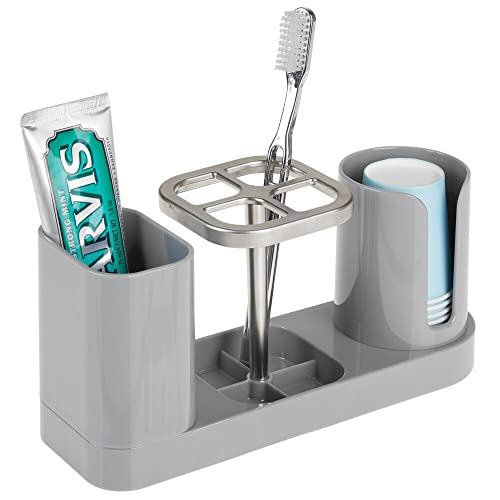 mDesign Plastic Bathroom Vanity Countertop Dental Storage Organizer Holder Stand for Electric Spin Toothbrushes/Toothpaste with Compartment for Rinse Cups - Compact Design - Gray/Brushed