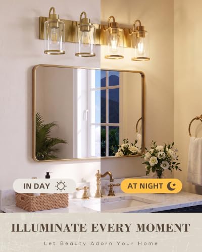 Image of Beionxii 4 Light Bathroom Light Fixtures, Gold Vanity Lights with Clear Glass Shades, Modern Vanity Lights Over Mirror, Wall Sconces for Kitchen Living Room Hallway Cabinet Porch, BX-VL01BG-4CG