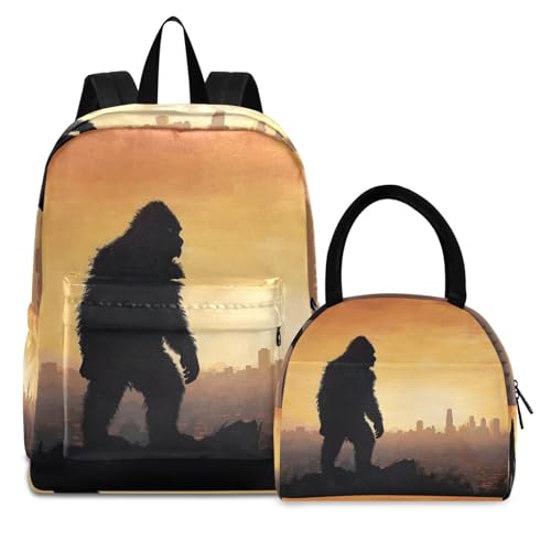 Sasquatch City Print Backpack Set with Lunch Bag, Large Capacity Travel Backpacks and Lunch Box Insulated for Commute Hiking Picnic