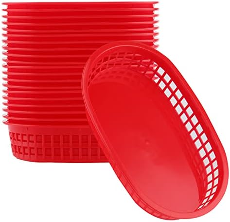 NINGWAAN Set of 24 Red Plastic Fast Food Baskets, Oval Fast Food Serving Baskets, Restaurant Food Service Baskets for Bread, Deli Serving, Hot Dog, Fruit, Sandwich & Fry, 10.7x7 Inch, (22071301)