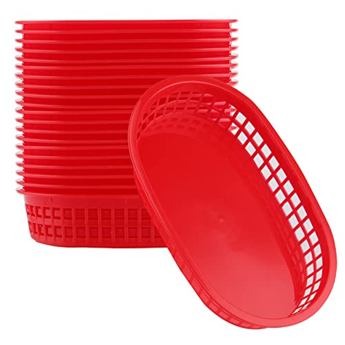 Ningwaan Set Of 24 Red Plastic Fast Food Baskets, Oval Fast Food Serving Baskets, Restaurant Food Service Baskets For Bread, Deli Serving, Hot Dog, Fruit, Sandwich & Fry, 10.7X7 Inch, (22071301) #TOP3