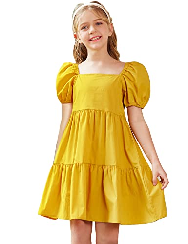 Arshiner Girls Dress Puff Sleeve A-Line Classic Elegant Beach Ruffled Loose Tiered Ruffle Casual Dresses Square Neck