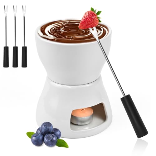 WEFHEF Service Fondue Chocolat en Céramique, Fontaine Chocolat Blanc + 4 Pcs Fourchettes, Service à Fondue au Beurre, Fondues au Fromage Détachable, Fontaine Chocolat Fruits, pour Guimauve Pain Hiver