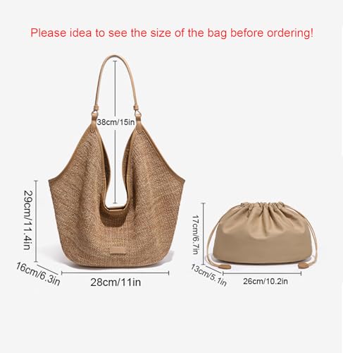 Women Straw Woven Tote Bag, Raffia Straw Woven Shoulder Bag with Drawstring bag, Summer Beach Vacation Travel Bag2