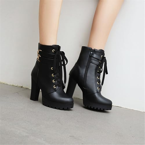 Image of FOREADA Goth Boots Chunky Heel Boot For Women Ankle Combat Booties Black Platform Bootie Buckle Rivets Punk Goth Shoes With Zipper