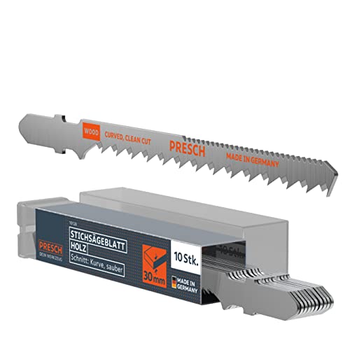 Presch Stichsägeblätter Holz 10 Stk. (Kurve) - Sehr sauberer Kurvenschnitt (4-30mm) - Stichsägeblatt Set zweiseitig - T-Schaft für jede Stichsäge - Sägeblätter für Spanplatten OSB uvm.
