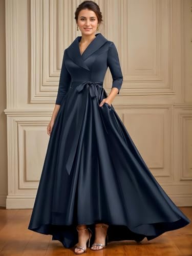 A-line Formal Mother of The Bride Dress Elegant Wedding Guest Dress Satin V-Neck Collared Asymmetrical Bow 20242