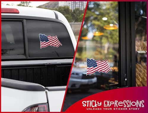 Sticky Expressions | USA Flag Waving Stickers (2 Pcs), Large Size 6.75\" - Strong Adhesive, Durable, Waterproof American Flag Stickers And Decals - Perfect American Flag Decal For Vehicles, Laptops etc