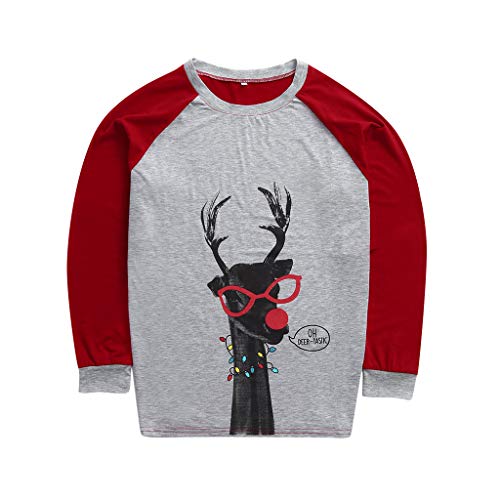Shan-S Christmas Matching Family Pajamas PJ\'s, Xmas Deer Printed Long Sleeve T Shirt +Red Plaid Pants Sleepwear Loungewear Homewear 2 PCS Suit