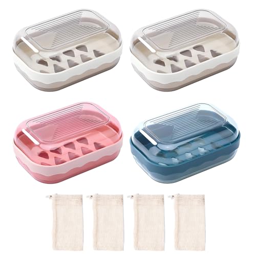 VEGCOO 4 Boîte à Savon + 4 Sacs à Savon Filet, Porte-Savons Voyage Porte Savons Portable, Étanche et Scellé avec Couvercle, Boîtes à Savon pour Voyage,...