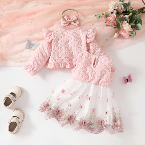 OBEEII Toddler Girl Floral Embroidered Tutu Dress Elegant 3D Butterfly Tulle Dress+Long Sleeve Cardigan Bolero Shrug+Headband3