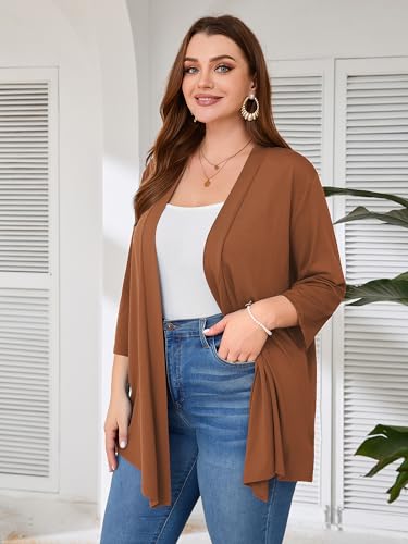 Image of AusLook Women's Plus Size Lightweight Open Front Cardigan 3 /4 Sleeve Cover Ups Shrugs Shawls and Wraps Kimono Jacket Coat