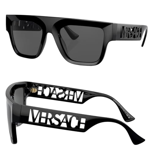 Versace VE4430U 53mm Non-Polarized Rectangle Sunglasses for Men – Black Injected Frame with Black Temples, 100% UV Protection, Lightweight & Comfortable Sunglasses, eShades Eyewear Kit Included