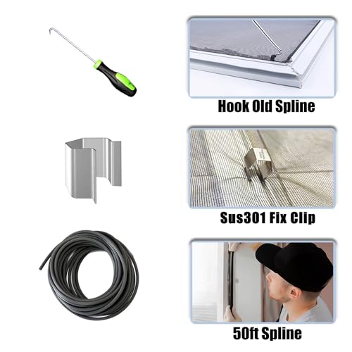 King&Charles Window Screen Door Repair Kit, Include Window Screens 48"x118"+ 2 Roller+50Ft Spline+8Clips+Hook, 6 in 1 Window Screen Replacement, Black Window Screen Mesh, Steel/Nylon Bearing Roller