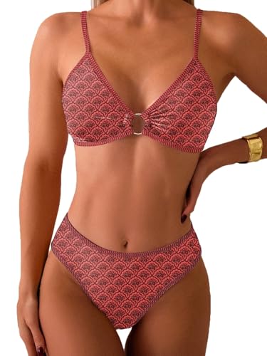 Image of Fanuerg Women's Triangle Bikini Sets O Ring Linked Two Piece Swimsuits Floral Printed Cheeky Bathing Suit
