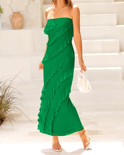 BTFBM Women Summer Elegant Strapless Midi Ruched Bodycon Dress Solid Color Stretch Mesh Slim Party Cocktail Dresses