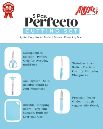Image of Anjali 5-Piece Kitchen Essentials Set - 1 Chopping Board, 1 Knife, 1 Peeler, 1 Scissor, 1 Lighter - Multipurpose Cooking & Prep Tools for Home