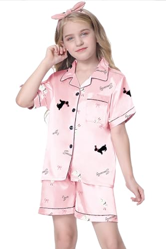 Image of Schbbbta Girls Womens Pajamas, Satin Silky Pjs Set Kids 2Pcs Button-Down Nightwear Sleepwear Gift for Mommy and me