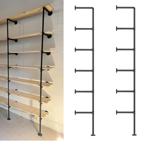 kaler Industrial Iron Pipe Wall Shelf Brackets, 6-Tier 80” Tall DIY Floating Shelving, Black Farmhouse Vintage Pipe Shelves for Kitchen, Bathroom, Living Room & Office (Hardware Only)