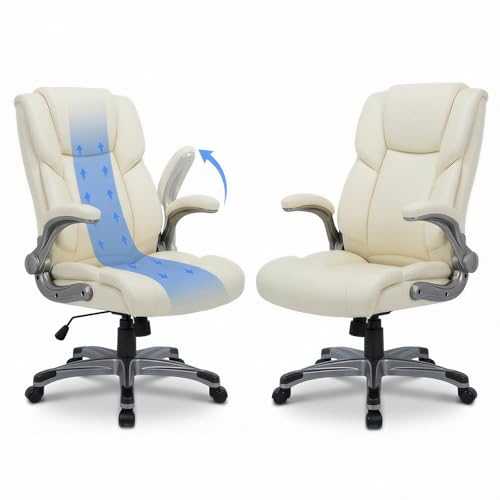 COLAMY Chaise bureau exécutive lot 2 - Cuir ergonomique, bras rembourrés, pivot, ivoire
