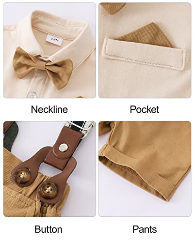 Yuemion Infant Baby Boy Clothes Gentleman Outfits Suits Summer Short Sleeve Bowtie Bodysuit Shirts + Suspender Shorts (Beige,3-6M) #TOP3