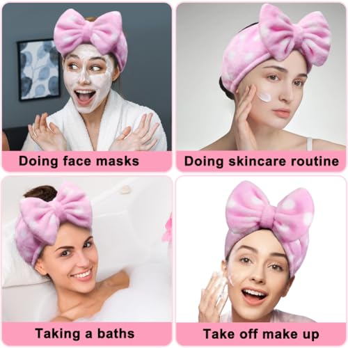 Shintop Women Fashion Lovely Soft Carol Fleece Bowknot Bow Makeup Cosmetic Shower Elastic Hair Band Hairlace Headband (Pink Polka dots)