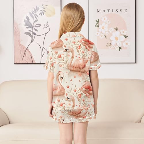 ALAZA Watercolor Cute Swan Satin Pajamas Set Short Sleeve Button Down Sleepwear Summer Pjs 2 Piece4