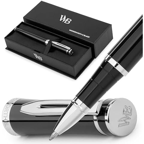 Wordsworth and Black Rollerball Pen - Luxury Pen - Chrome Finish, Black Lacquer, Ink Refill, Refillable, Gift for Men & Women, Professional Writing, Nice and Fancy Pens and for Work Cover