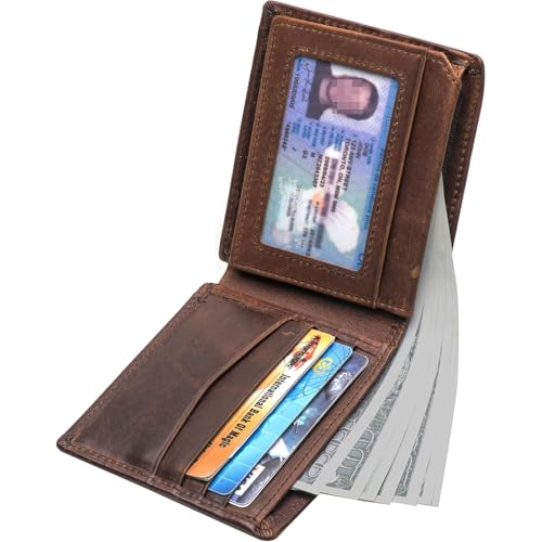 Genuine Leather Wallet for Men Bifold Design with Zipper Closure RFID Blocking Protection and Dual ID Windows for Secure Card Organization (Dark brown)3