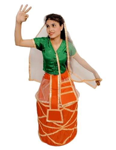 Image of Manipuri Traditional Dress for Girls | Manipuri Dress for Kids Girls | North East Indian Dance & Fancy Dress Costume | Cultural Outfit for Theme Parties, School Functions & Competitions | Adult M-L