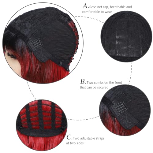 Image of Rose bud Wavy Bob Wig with Bangs Natural Ombre Red Wig Synthetic Hair Shoulder Length Short Curly Wigs for Women