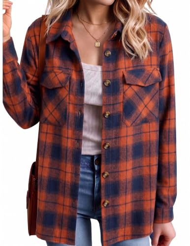 Zeagoo Oversized Womens Flannel Plaid Shirt Soft Button Down Roll Up Tops Long Sleeve Loose Work Buffalo Blouse Orange M