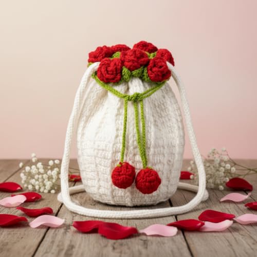 Image of Handmade Crochet Flower Crossbody Sling Bag for Women | Boho Knitted Bucket Shoulder Purse Rose Design
