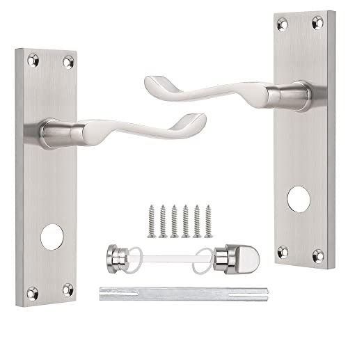 Probrico Internal Door Handle with Lock for Bathroom, Privacy Door Lock Set, Victorian Scroll Door Handle on Backplate 154mm×40mm, Brushed Nickel, 2 Pack