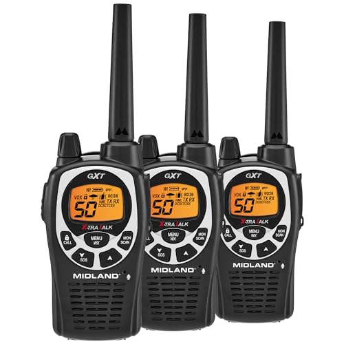 Image of Midland GXT1000X3VP4 GMRS Two-Way Radio (50-Channel, Long Range, 142 Privacy Codes, SOS, NOAA, Rechargeable Nickle Battery, Black /Silver, 3-Pack)