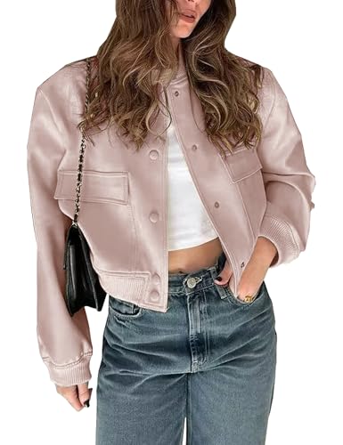 Megfie Womens Cropped Bomber Jacket Button Down Varsity Jackets Shackets With Pockets(0394-Pink-XL)